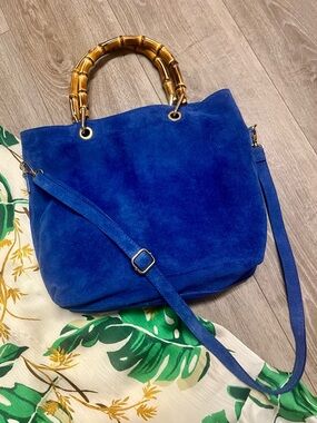 Isabella Rossetti Thea27 Blue Suede Bamboo-Handle Tote w Adjustable Strap